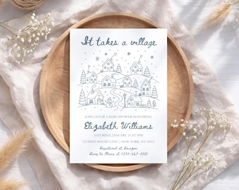 May include: A white rectangular baby shower invitation card featuring a dark blue line art illustration of a winter village with houses, trees, a snowman, and the text It takes a village, Join us for a baby shower honoring Elizabeth Williams, Saturday, January 15 at 3pm, 123 Best House Lane, New York, NY 10013, Registered at Amazon, Rsvp to Olivia at 1231-567-8000.
