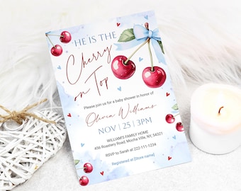 Cherry Baby Shower Invitation Template for Boy, Editable Blue Cherry On Top Invite, Printable Cherry Theme Invitation