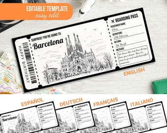 Editable Barcelona Boarding Pass Template Printable Barcelona Trip Ticket Surprise Trip Reveal Gift Travel Ticket Digital