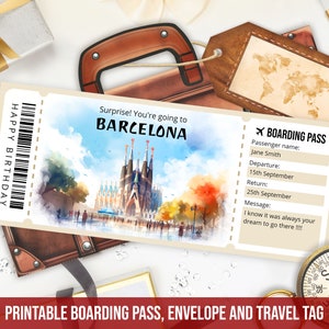 Editable Barcelona boarding pass template, Personalized Gift Printable Spain Barcelona trip ticket template with envelope, Instant Download