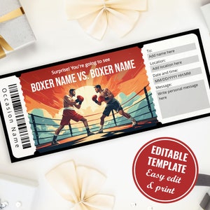 Überraschungs-boxing Spiel Ticket Vorlage, anpassbare und druckbare Boxkampf Geschenkgutschein für Box-Fan, Instant Download
