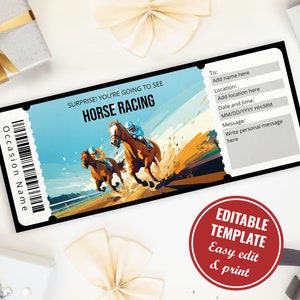 サプライズ競馬チケットテンプレート、カスタマイズ可能で印刷可能な競馬ギフト券テンプレート、ダービーチケット、即時ダウンロード