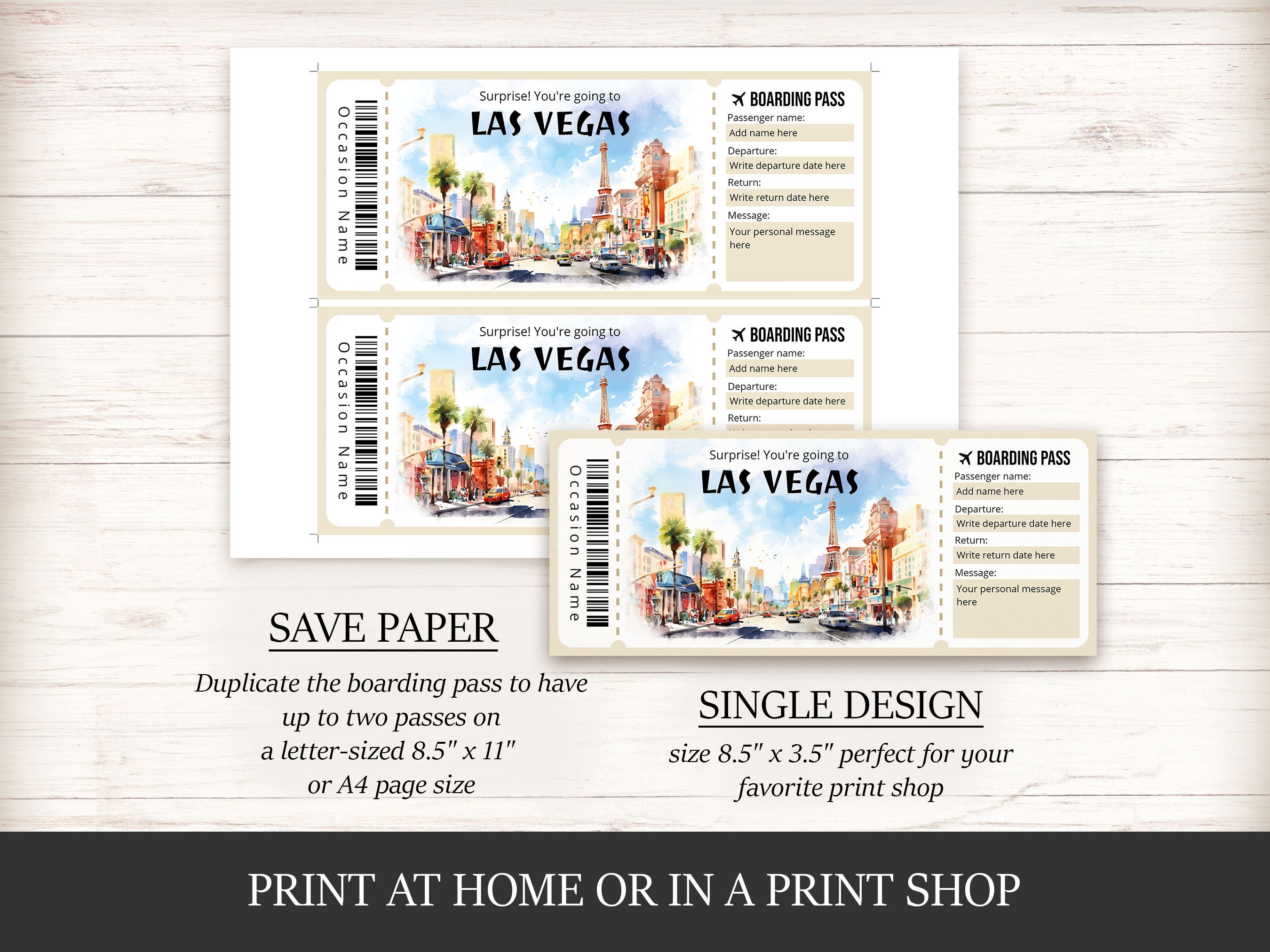 Editable Las Vegas Boarding Pass Template, Personalized Gift Printable ...