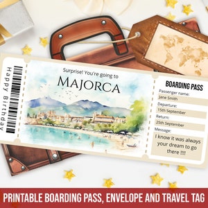 Modèle modifiable de carte d'embarquement pour Majorque, modèle personnalisé imprimable de billet d'avion surprise Majorque avec enveloppe, téléchargement immédiat