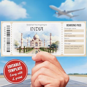 Editable India boarding pass template, Surprise India trip reveal ticket template, Surprise Trip to Taj Mahal,  Instant Download