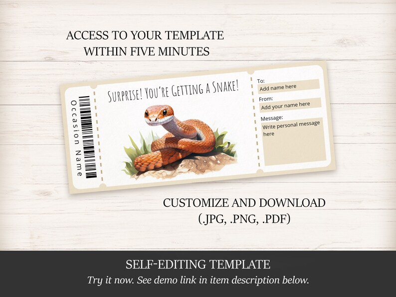 Editable Snake Gift Certificate Template for Snake Lover, Personalized ...