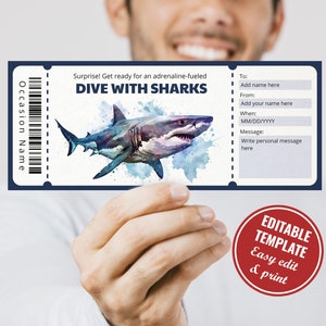 Editable Dive With Sharks Ticket Gift Certificate Template, Surprise Printable Cage Scuba diving with sharks Gift Voucher, Instant Download
