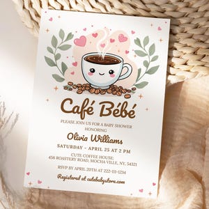 Editable Café Bébé Baby Shower Invitation Template, Printable Cute Baby Shower Coffee Beans Invite, Whimsical Coffee Theme Digital Download