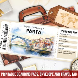 Plantilla de tarjeta de embarque editable para Oporto, regalo personalizado, imprimible, plantilla de billete de viaje a Oporto, Portugal, con sobre, descarga instantánea.