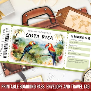 Bearbeitbare Costa Rica Bordkartenvorlage, personalisiertes Geschenk druckbare Costa Rica Flugticketreise mit Umschlag Digital Download