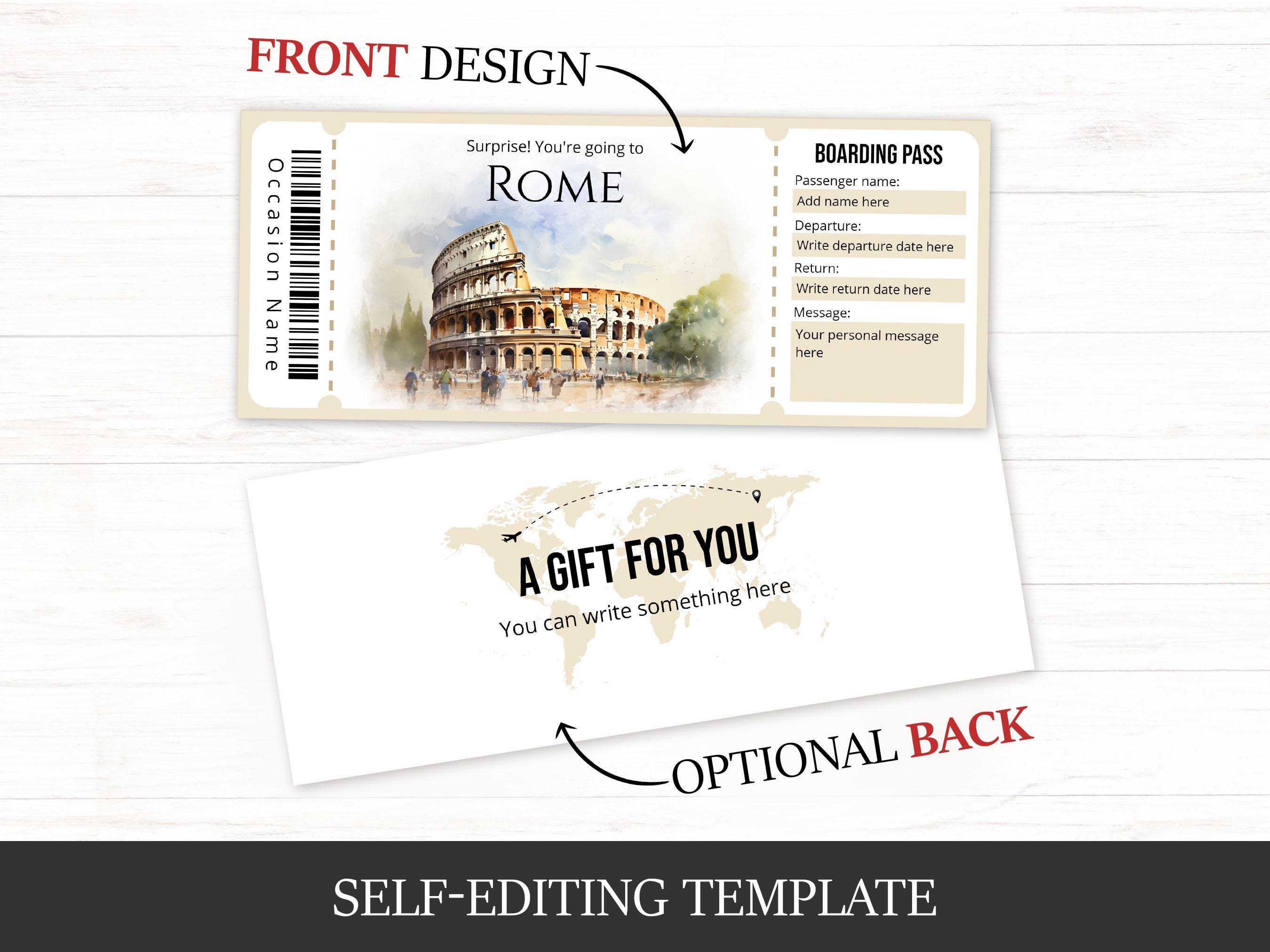 Editable Rome Boarding Pass Template, Surprise Rome Trip Reveal Ticket ...