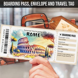 Modello modificabile di carta d'imbarco per Roma, modello di biglietto di presentazione del viaggio a sorpresa a Roma, biglietto aereo per l'Italia, download immediato