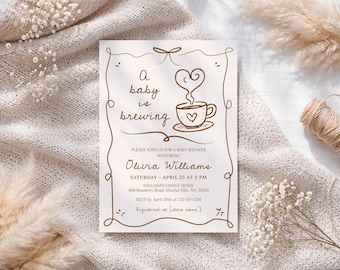 Editable A Baby Is Brewing Baby Shower Invitation Template, Printable Coffee Baby Shower Invite, Minimalistic Rustic Cafe Bebe Theme Digital