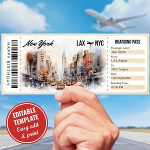 Modèle de carte d'embarquement aquarelle modifiable pour voyage à New York, chèque-cadeau surprise billet New York téléchargement immédiat