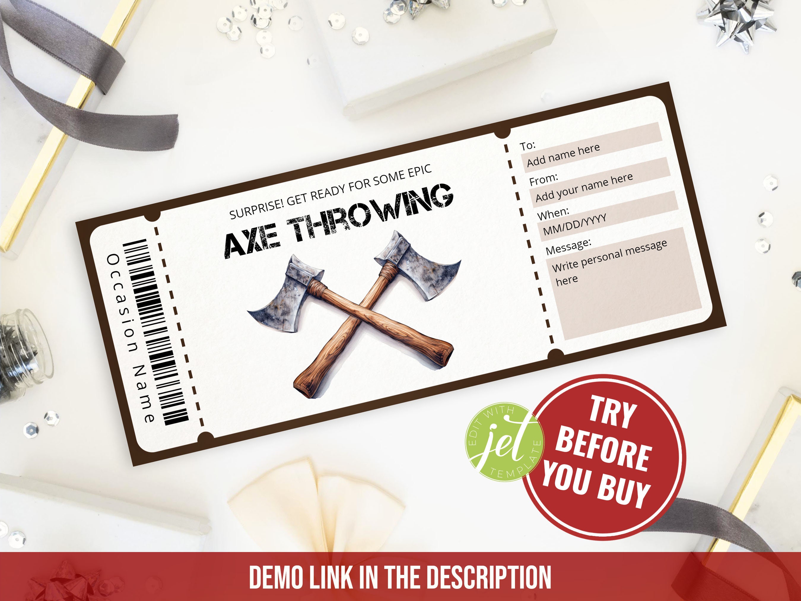 Editable Axe Throwing Gift Certificate Template, Printable Throwing Axe