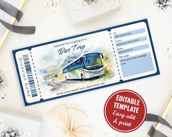 Editable Watercolor Bus Ticket Template, Coach Ticket Surprise Gift Voucher Reveal Template, Instant Download