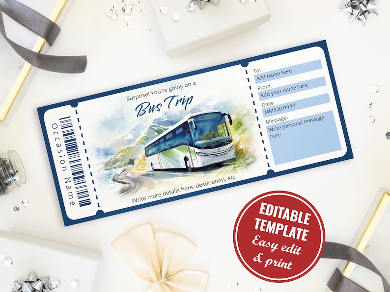 Editable Watercolor Bus Ticket Template, Coach Ticket Surprise Gift ...