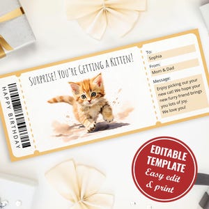 Plantilla de certificado de regalo de gatito editable para amantes de los gatos, plantilla de cupón sorpresa para gato imprimible y personalizada, descarga instantánea