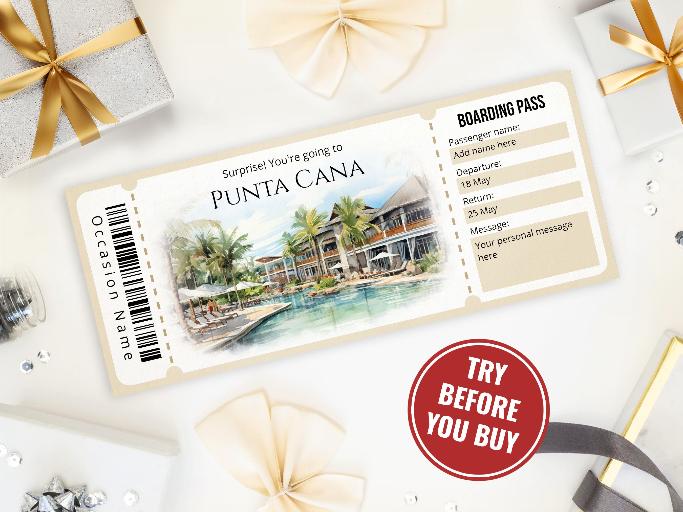Editable Punta Cana Boarding Pass Template, Surprise Printable