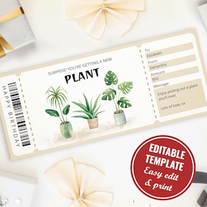 Plantilla editable de certificado de regalo para amantes de las plantas, cupón imprimible, descarga instantánea de una planta en maceta sorpresa.