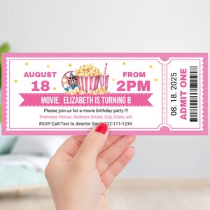 Bearbeitbares Filmticket Geburtstagseinladungsvorlage, Digital PINK Kino Geburtstag einladen, Geburtstagskino Sofort Download