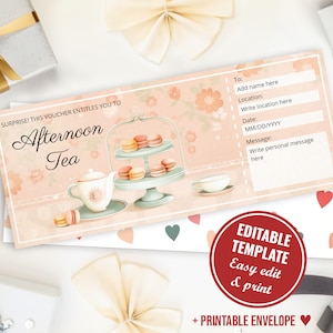 Bearbeitbare Nachmittagstee Geschenkgutschein Vorlage für Mama, Überraschung offenbaren Nachmittagstee Geschenkgutschein mit Umschlag, Sofort Download