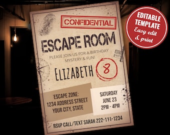 May include: A vintage-style escape room birthday party invitation with a fingerprint graphic, the words "CONFIDENTIAL" and "ESCAPE ROOM", and the text "PLEASE JOIN US FOR A BIRTHDAY MYSTERY & FUN! ELIZABETH 8". The invitation also includes the date and time of the event, the location, and RSVP information.