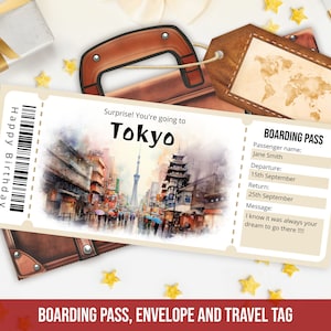 Editable Tokyo Boarding Pass template, Printable Watercolor Custom Plane Ticket Tokyo, Japan plane ticket with envelope, Instant Download