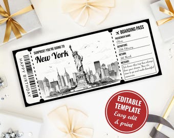 Modèle modifiable de carte d'embarquement à New York, billet cadeau voyage surprise à New York, billet d'avion imprimable noir et blanc, téléchargement numérique