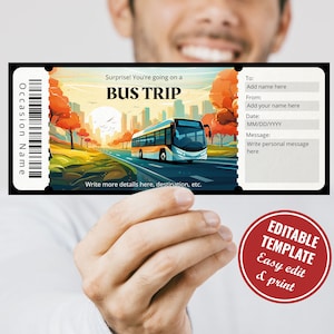 Bearbeitbare Busticketvorlage, Busticket-Überraschungsgeschenkgutschein-Enthüllungsvorlage, digitaler Download