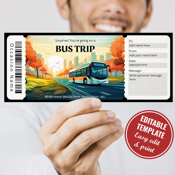 Editable Bus Ticket Template, Coach Ticket Surprise Gift Voucher Reveal Template, Digital Download