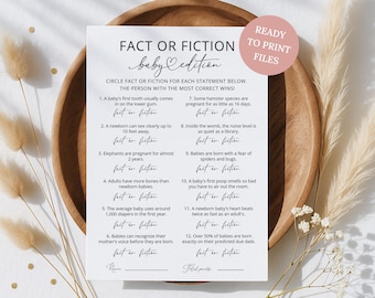 May include: A white paper game card titled Fact or Fiction Baby Edition with black text featuring twelve trivia questions about babies and animals, each with a fact or fiction selection line, and a pink circular badge stating Ready to Print Files.
