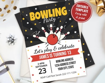 Customizable Birthday Bowling Party Invitation Template for boys - Let's Strike a Good Time!, Instant Download, B001