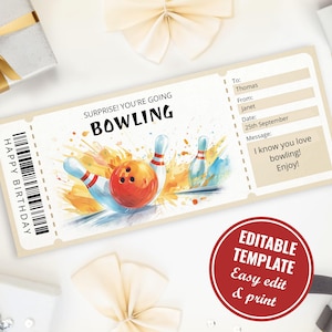 Editable Bowling Gift Certificate Template for bowling lover, Printable Bowling Gift Voucher, Surprise Bowling Ticket, Instant Download