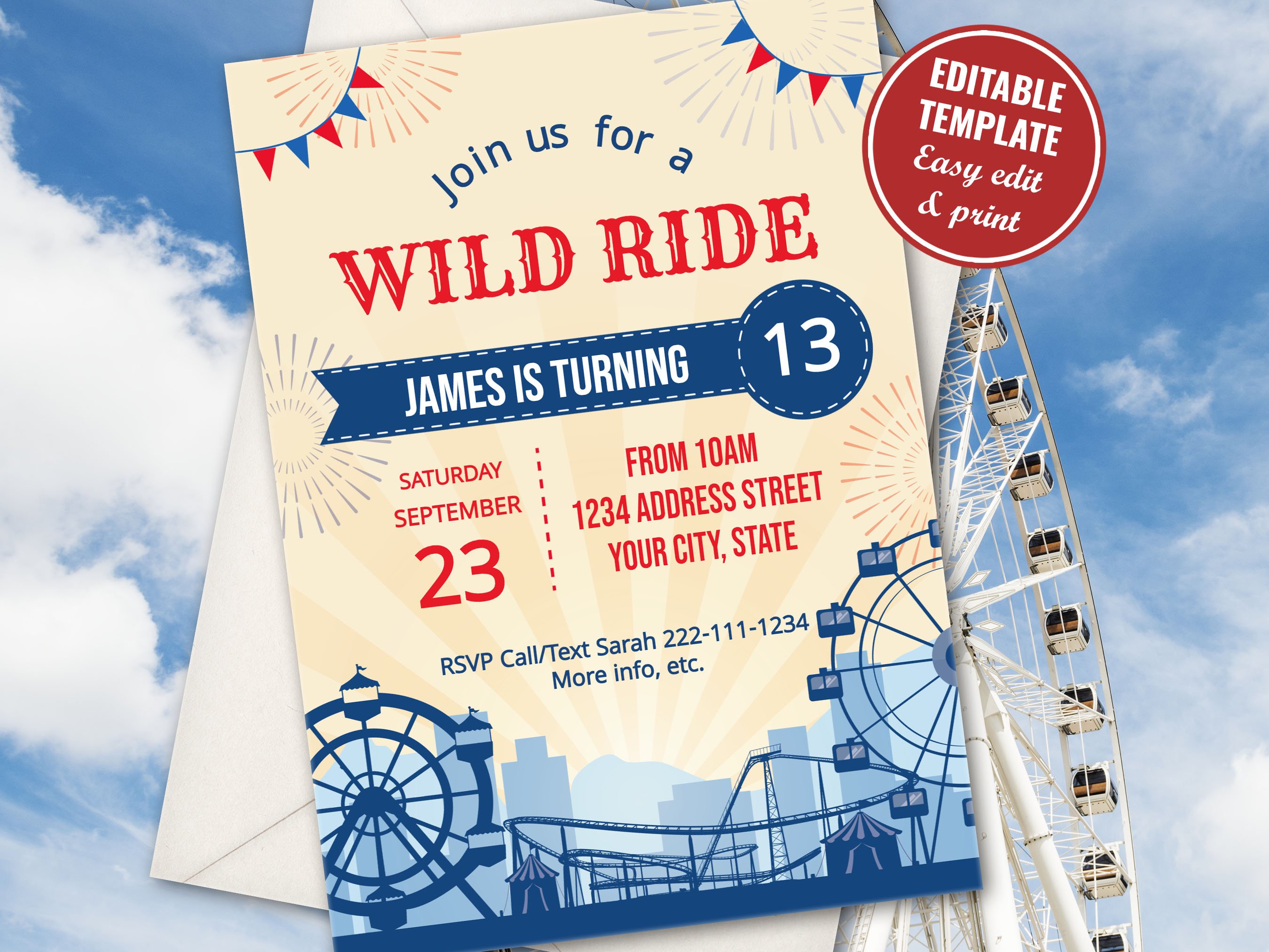 Amusement Park Birthday Party Invitation Template, Editable Birthday ...