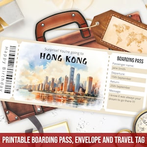 Modèle de billet cadeau voyage surprise à Hong Kong, carte d'embarquement pour Hong Kong, aquarelle imprimable et modifiable billet d'avion téléchargement immédiat