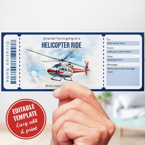 Plantilla de certificado de regalo de viaje en helicóptero sorpresa, boleto de viaje en helicóptero personalizable, regalo de vuelo en helicóptero, descarga instantánea
