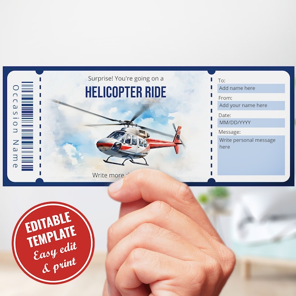 Überraschung Hubschrauber Fahrt Gutschein Vorlage, anpassbare Hubschrauber Tour Ticket, Hubschrauber Flug Geschenk, Sofort Download