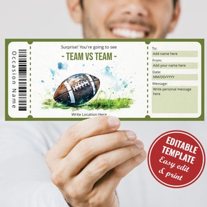 Surprise Football Spiel Ticket Vorlage, anpassbare und druckbare American Football Geschenkgutschein, Sofort Download