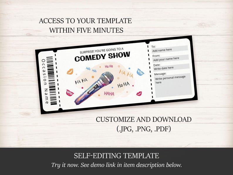 Funny Comedy Show Ticket Template for Comedy Lover, Editable Printable ...