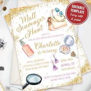 Editable Mall Scavenger Hunt Invitation Template for girl, Mall Party Invitation, Teen Birthday Scavenger Hunt Invite, Instant Download