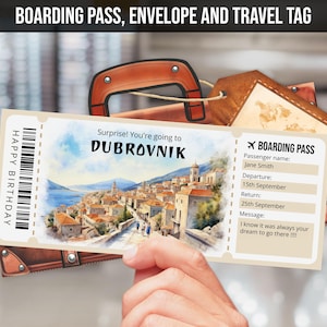 Modèle modifiable de carte d'embarquement pour Dubrovnik, révélation aquarelle surprise de billet de voyage à Dubrovnik, faux billet d'avion pour la Croatie, téléchargement immédiat