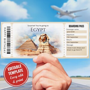 Editable Egypt boarding pass template, Printable Personalized Gift Surprise Egypt trip reveal boarding ticket template, Instant Download
