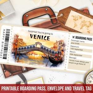 Modèle modifiable de carte d'embarquement pour Venise, cadeau personnalisé Modèle de billet pour le voyage Venise Italie imprimable avec enveloppe, téléchargement immédiat