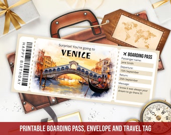 Editable Venice boarding pass template, Personalized Gift Printable Venice Italy trip ticket template with envelope, Instant Download