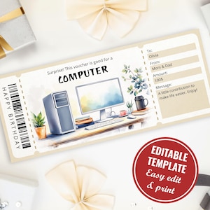 以下が含まれることがあります： ベージュ色のコンピューターギフト券。水彩画のコンピューターセットアップのイラスト。テキストには「サプライズ！このバウチャーはコンピューターに有効です」、「お誕生日おめでとう」と「編集可能なテンプレート」が含まれています。