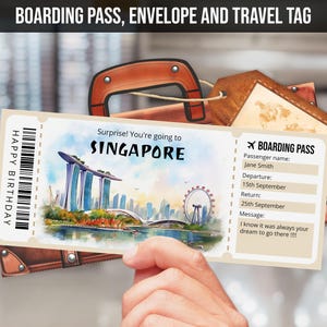Modèle de billet cadeau voyage surprise à Singapour, carte d'embarquement pour Singapour, aquarelle imprimable et modifiable billet d'avion téléchargement immédiat