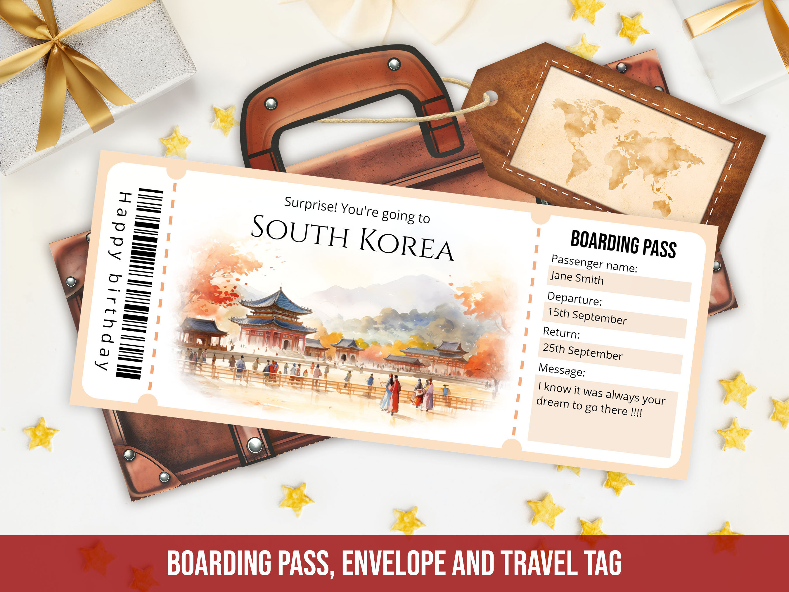 Editable South Korea Boarding Pass Template, Printable Watercolor