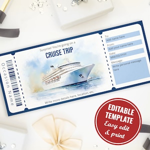 Editable Watercolor Cruise Boarding Pass Template, Surprise Cruise Trip Ticket Reveal Gift Certificate, Instant Download