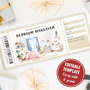 Puede incluir: Un vale de regalo rectangular con el texto Surprise! Get ready for a BEDROOM MAKEOVER y HAPPY BIRTHDAY con un código de barras. El boleto incluye campos para To: Olivia, From: Mom & Dad, Amount: 100$ y un mensaje, más una ilustración.